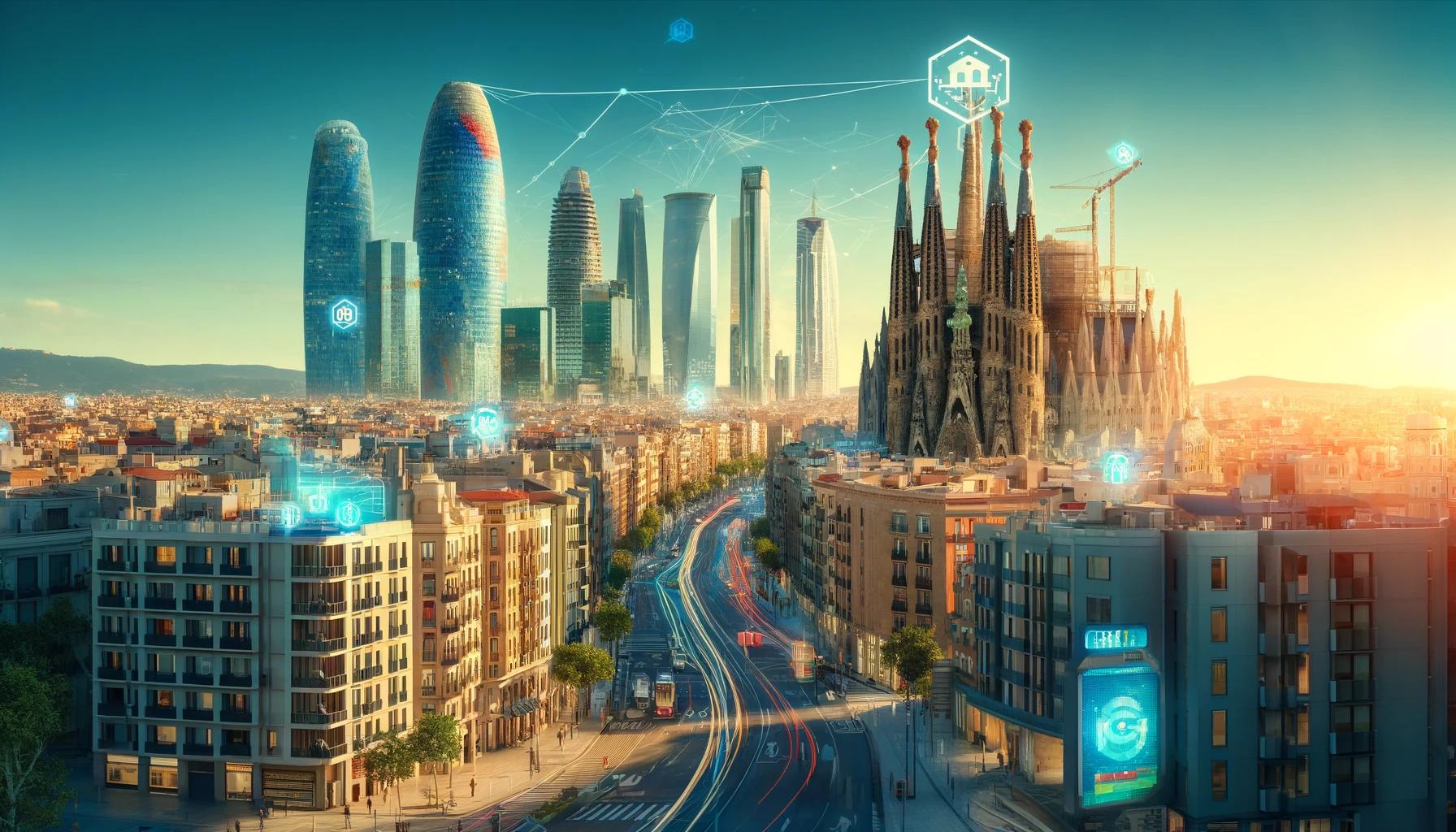 A modern cityscape of Barcelona emphasizing its potential as a tech hub. The image features iconic landmarks like the Sagrada Familia alongside for Nearshore in Spain