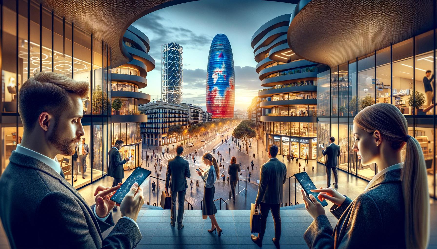 A professional business district in Barcelona showcasing its appeal as a tech hub. The scene includes a panoramic view of Barcelona